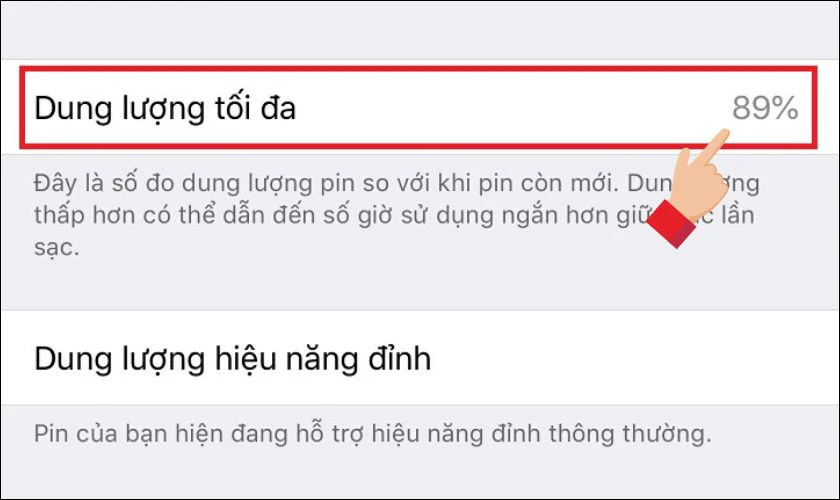 Xem phần trăm pin từ mục dung lượng pin tối đa