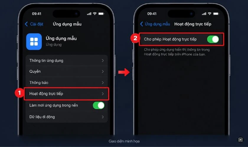 Vào Cài đặt > Ứng dụng, chọn ứng dụng tương ứng và kiểm tra mục Hoạt động trực tiếp (Live Activities)