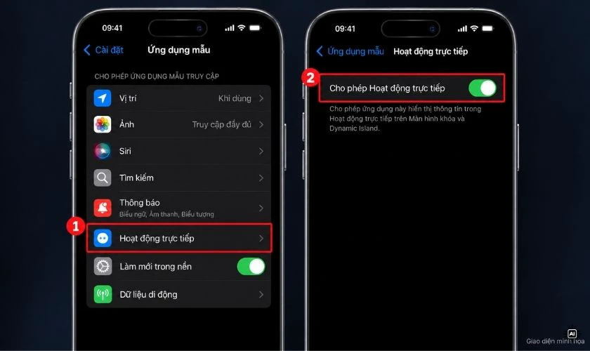 Nếu ứng dụng có mục Hoạt động trực tiếp (Live Activities), hãy mở mục này và bật tính năng nếu đang tắt