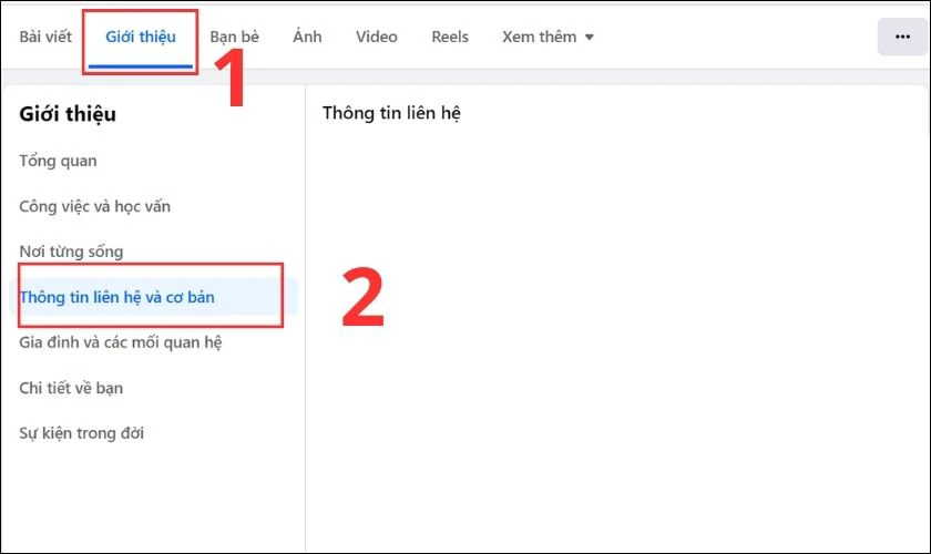 Chọn mục Giới thiệu v&agrave; nhấn Th&ocirc;ng tin li&ecirc;n hệ v&agrave; cơ bản