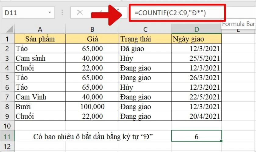 Cách dùng COUNTIF để đếm ô bắt đầu bằng ký tự nhất định