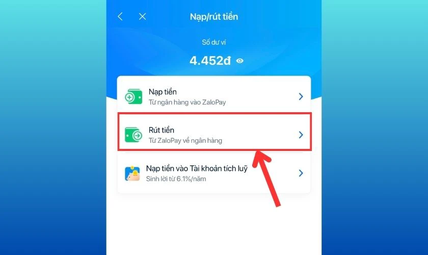 Nhấn chọn v&agrave;o R&uacute;t tiền