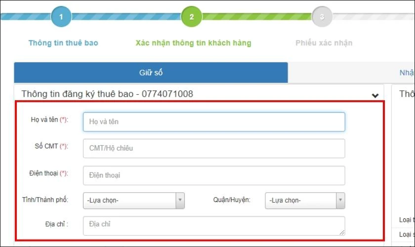 Nhập th&ocirc;ng tin c&aacute; nh&acirc;n theo y&ecirc;u cầu của MobiFone
