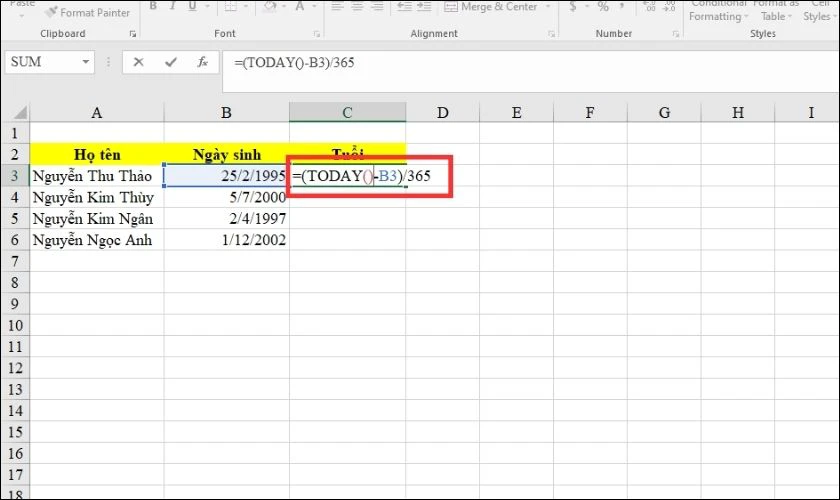 Tính số tuổi trong Excel bằng hàm TODAY