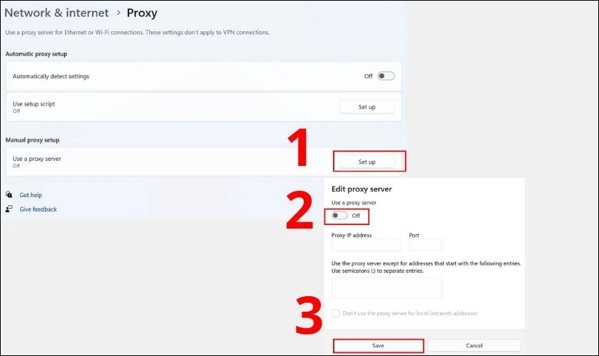 Chọn Set up tại mục Use a proxy server