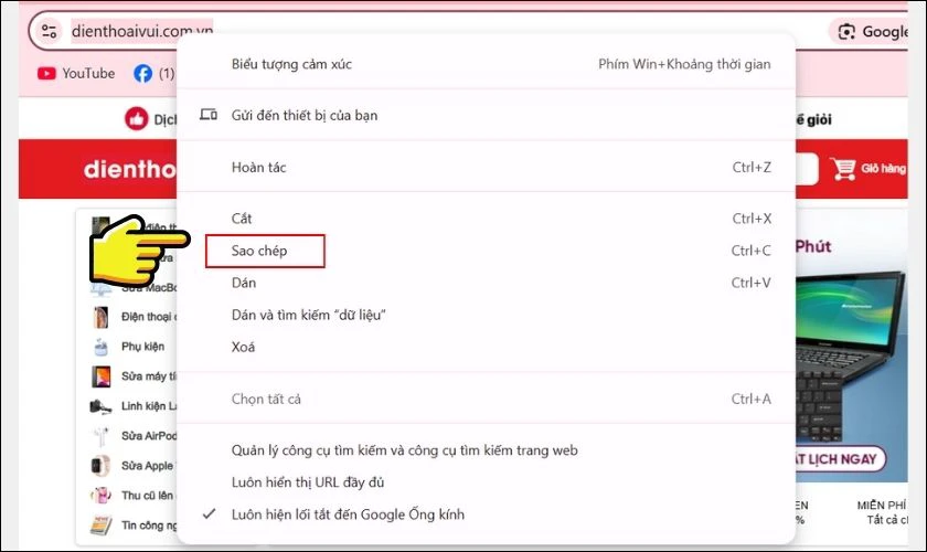 Copy đường link trang web mà bạn muốn truy cập