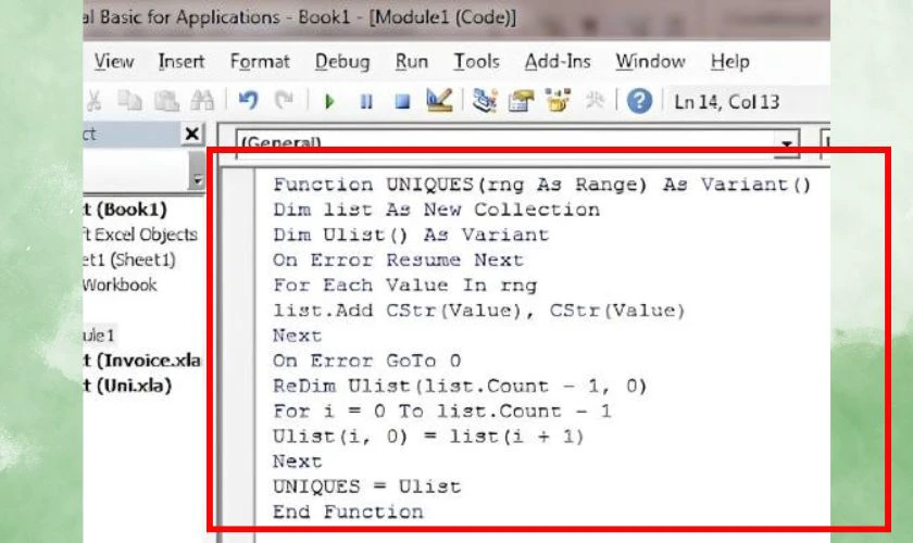 Sử dụng đoạn m&atilde; b&ecirc;n dưới v&agrave;o module vừa tạo để th&ecirc;m h&agrave;m Unique v&agrave;o Excel 2016