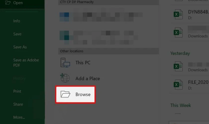 Chọn Browse, sau đ&oacute; t&igrave;m đến file Excel bị lỗi