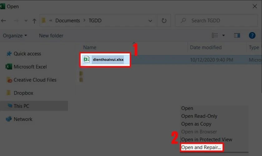 Nhấn chọn v&agrave;o file bị lỗi sau đ&oacute; nhấn chọn v&agrave;o Open and Repair&hellip;