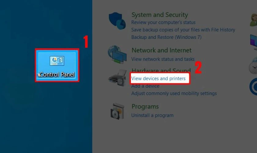 Mở Control Panel, sau đ&oacute; nhấn chọn v&agrave;o mục View devices and printers