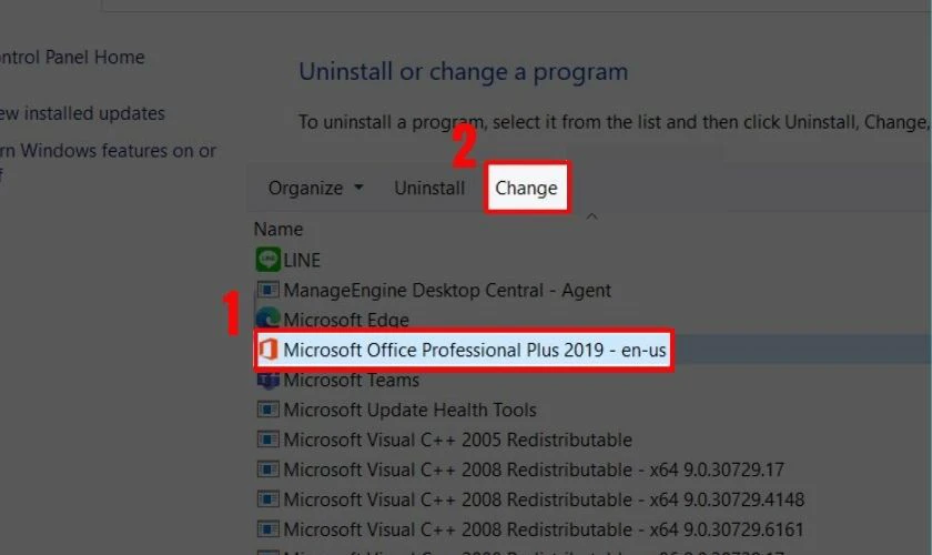 H&atilde;y chọn bộ c&agrave;i đặt Office, sau đ&oacute; nhấn chọn v&agrave;o Change