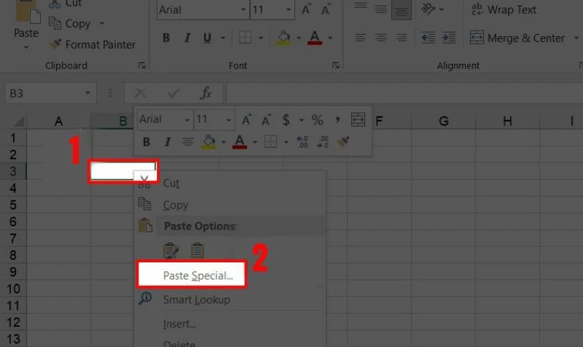 Nhấn chuột phải v&agrave;o một &ocirc; trong Excel, sau đ&oacute; chọn Paste Special