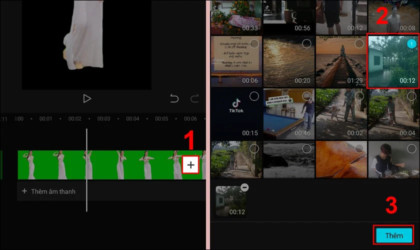 Chọn v&agrave;o biểu tượng th&ecirc;m video, lựa chọn video nền v&agrave; chọn th&ecirc;m