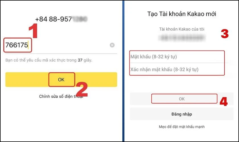 Nhập m&atilde; x&aacute;c thực đ&atilde; được gửi về m&aacute;y. Bạn tạo mật khẩu v&agrave; bấm OK để tiếp tục