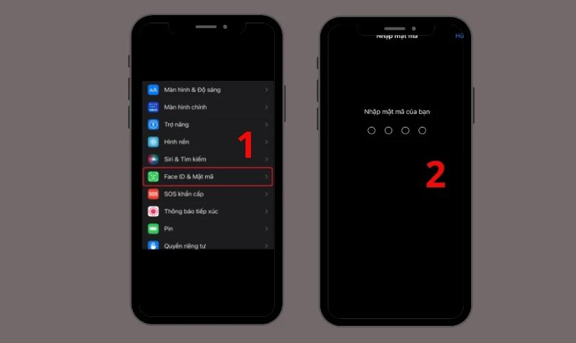 Mở Cài đặt trên iPhone, chọn Face ID & Mật mã, nhập mật mã iPhone để xác nhận