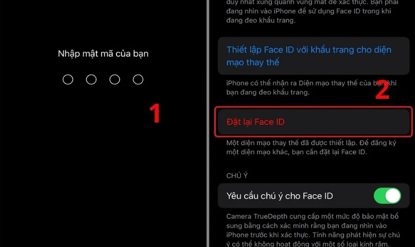 Chọn Đặt lại Face ID để xóa dữ liệu khuôn mặt hiện tại