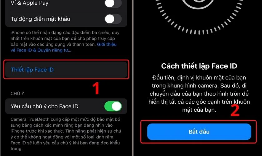 Nhấn Thiết lập Face ID, sau đó chọn Bắt đầu để tiến hành quét khuôn mặt