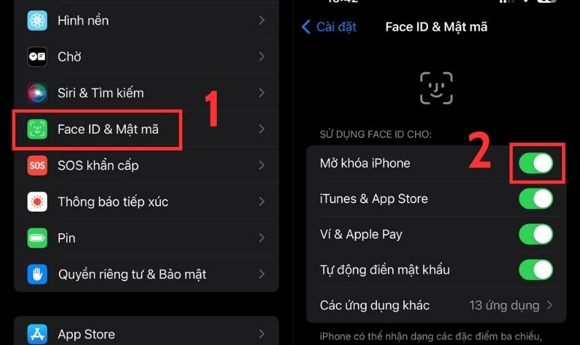 Bạn truy cập lại vào mục Face ID & Mật mã và kích hoạt tính năng Mở khóa iPhone