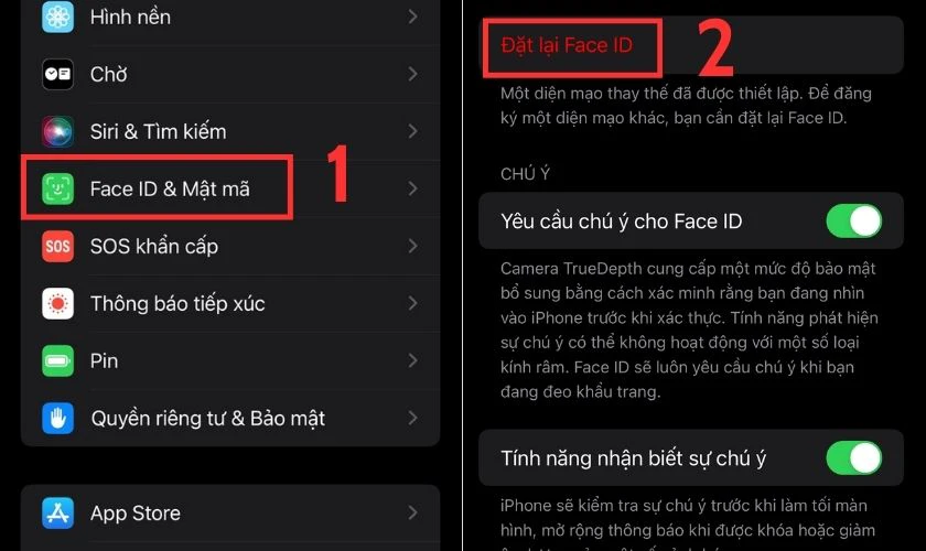 Bạn mở ứng dụng Cài đặt, chọn Face ID & Mật mã và nhấp chọn mục Đặt lại Face ID
