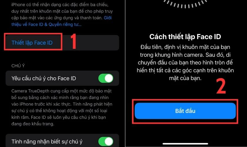 Bạn nhấn chọn Thiết lập Face ID, và chọn Bắt đầu để đặt lại gương mặt mới