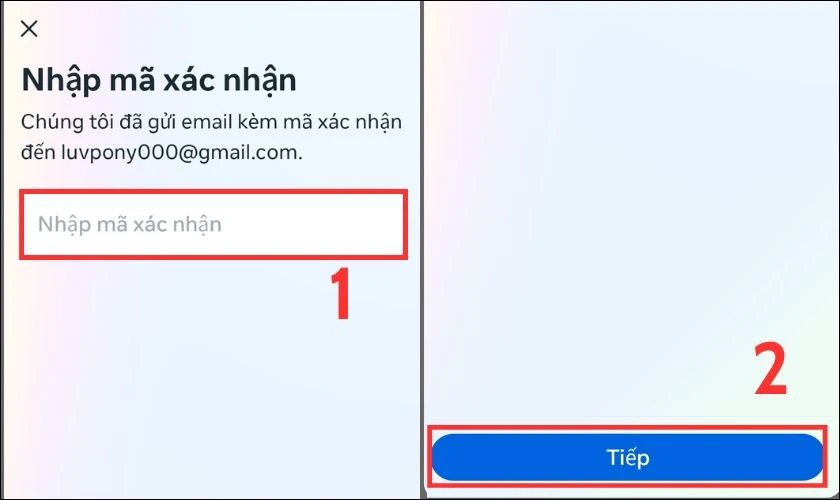Bạn nhập mã xác nhận mà Facebook gửi về email bạn vừa thêm vào rồi ấn Tiếp