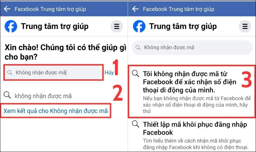 Tại thanh tìm kiếm bạn nhập cụm từ “không nhận được mã” rồi ấn xem kết quả