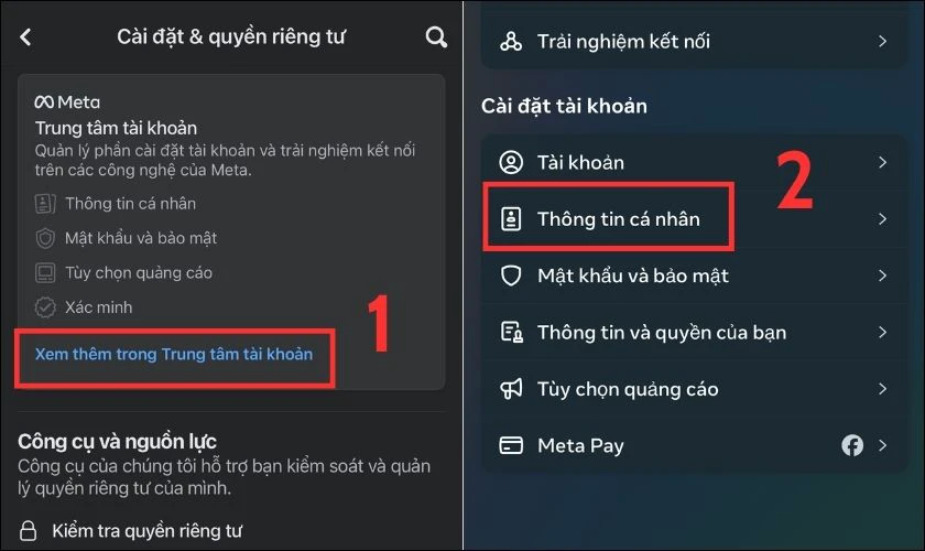 Tiếp theo, bạn nhấp Xem thêm trong Trung tâm tài khoản rồi chọn Thông tin cá nhân