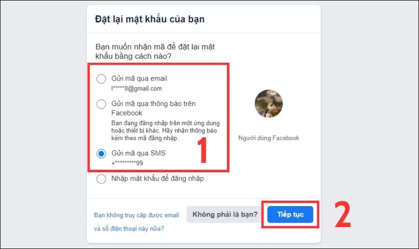 Bạn chọn cách thức để yêu cầu hệ thống gửi lại mã xác minh, bao gồm qua mail, thông báo Facebook hoặc số điện thoại