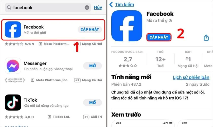 Cập nhật ứng dụng khi Facebook không xem được story