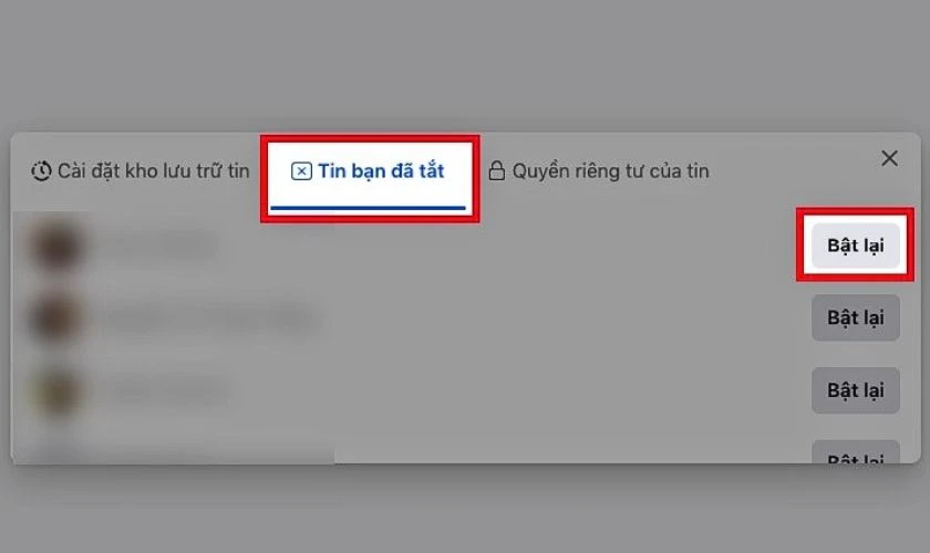 Bạn chọn Bật lại ở bên cạnh tên của người mà bạn đã tắt tính năng xem story