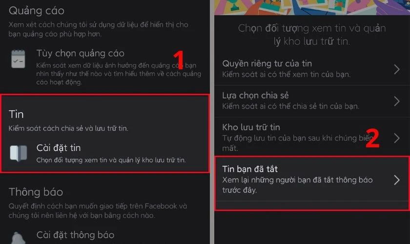 Tại mục Tin, bạn chọn Cài đặt tin. Chọn tiếp Tin bạn đã tắt