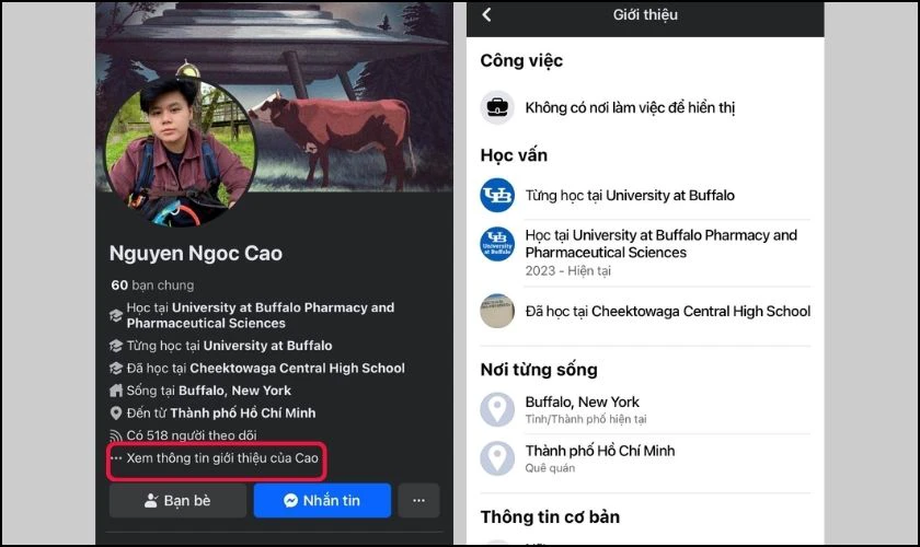Nhấn vào Xem thông tin giới thiệu để truy cập vào trang cá nhân