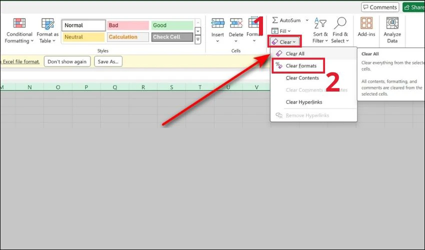 Chọn X&oacute;a to&agrave;n bộ định dạng đang &aacute;p dụng tr&ecirc;n file