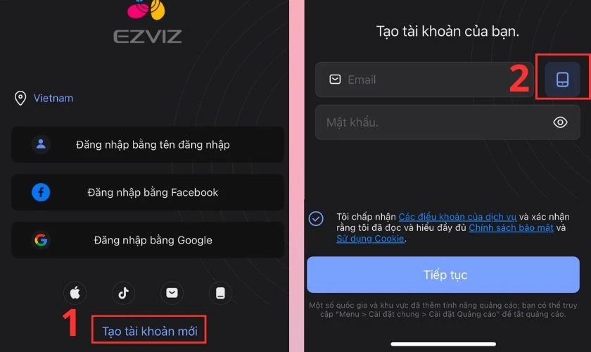 Đăng k&yacute; t&agrave;i khoản Camera Ezviz bằng số điện thoại