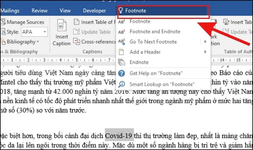 Nhập từ kh&oacute;a Footnote để mở c&ocirc;ng cụ tr&ecirc;n Word