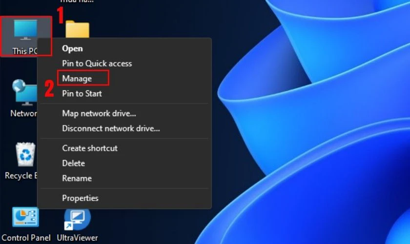 Chọn Manage để mở cửa sổ Computer Management
