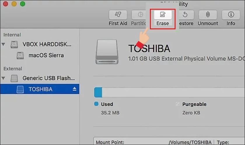 Sau khi chọn USB, nhấn v&agrave;o Erase