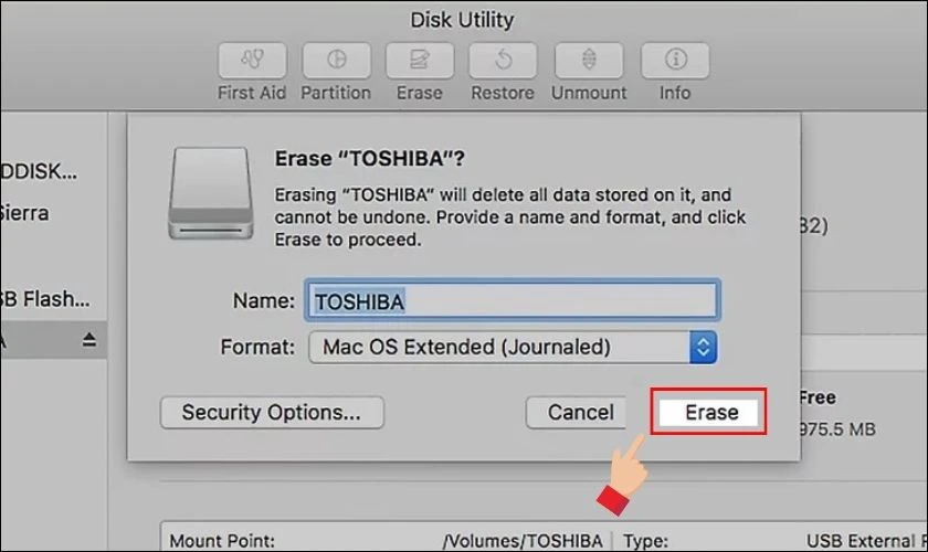 Nhấn Erase để bắt đầu qu&aacute; tr&igrave;nh format