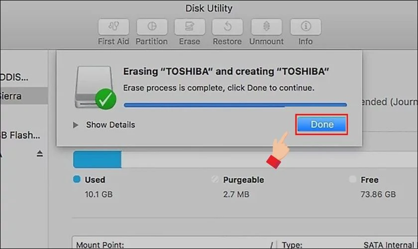 Khi qu&aacute; tr&igrave;nh format ho&agrave;n tất, nhấn Done để kết th&uacute;c