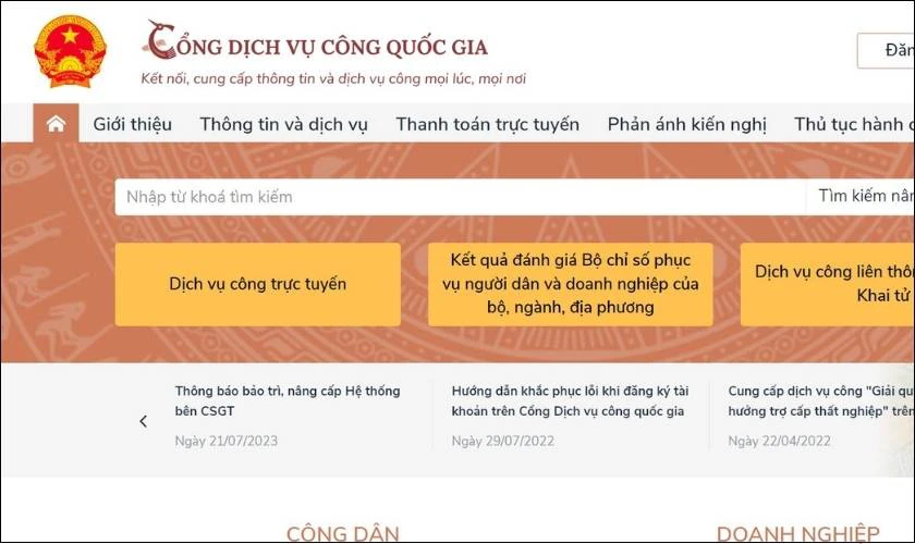 Truy cập Cổng thông tin điện tử dịch vụ công Quốc gia