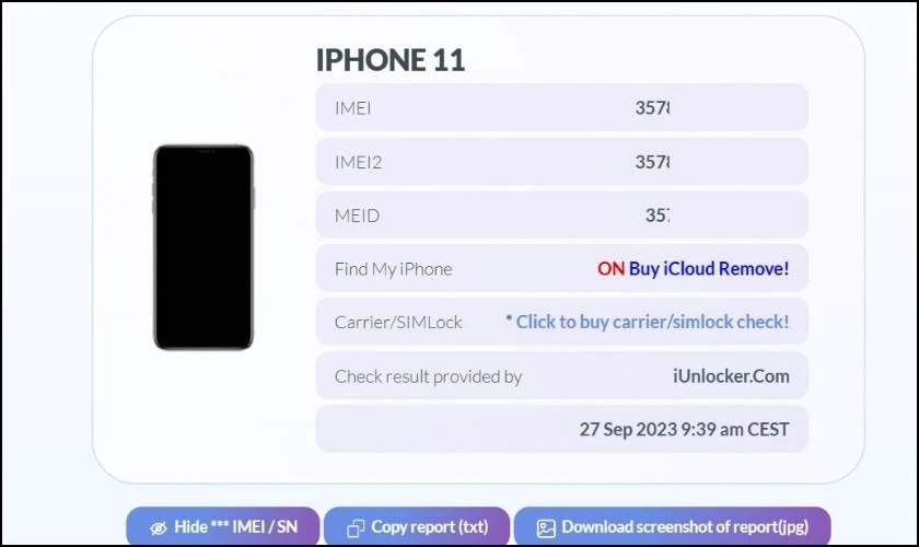 Kết quả sẽ trả về th&ocirc;ng tin gồm d&ograve;ng iPhone, số IMEI v&agrave; MEID của điện thoại