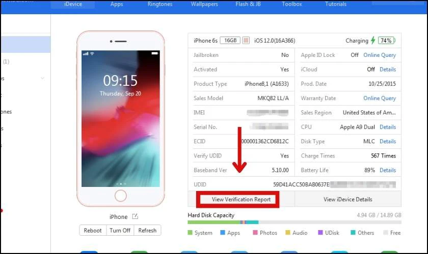 V&agrave;o View Verification Report để xem b&aacute;o c&aacute;o t&igrave;nh trạng từng bộ phận m&aacute;y