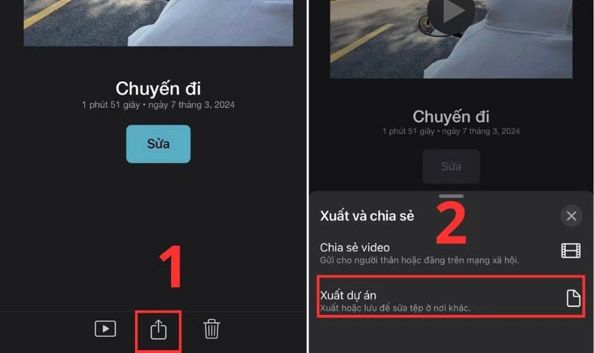 Nhấn biểu tượng chia sẻ, chọn Xuất dự án để lưu lại Trailer