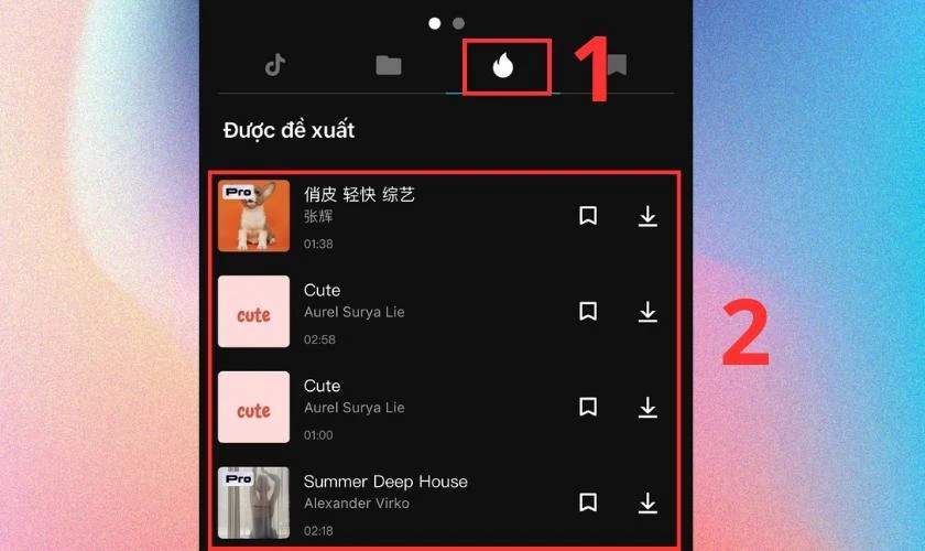Bấm Được đề xuất để chọn âm thanh ứng dụng Capcut đề xuất