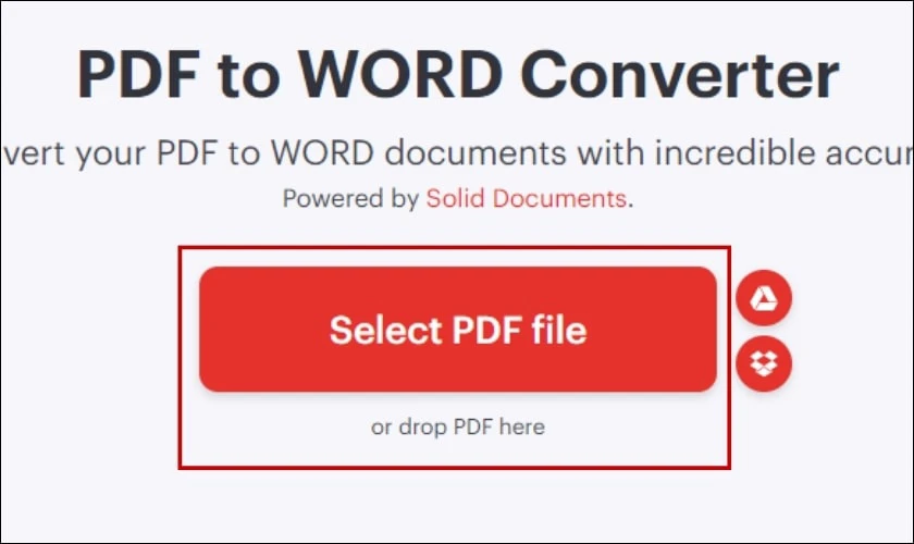 Bạn chọn v&agrave;o Select PDF File để tải file muốn chuyển đổi l&ecirc;n