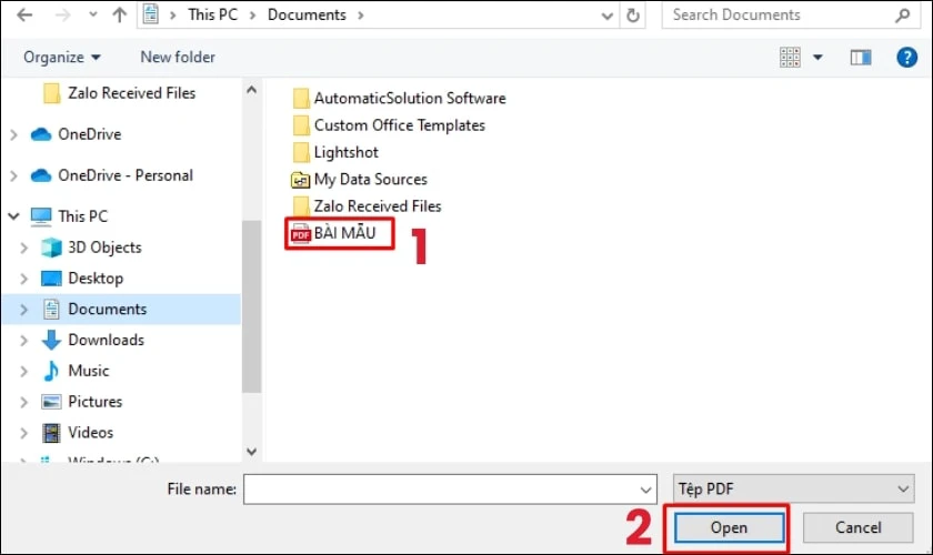 Chọn file PDF muốn chuyển v&agrave; bấm Open