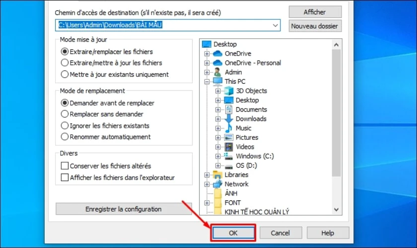 Lựa chọn thư mục muốn lưu file giải n&eacute;n v&agrave; nhấn OK