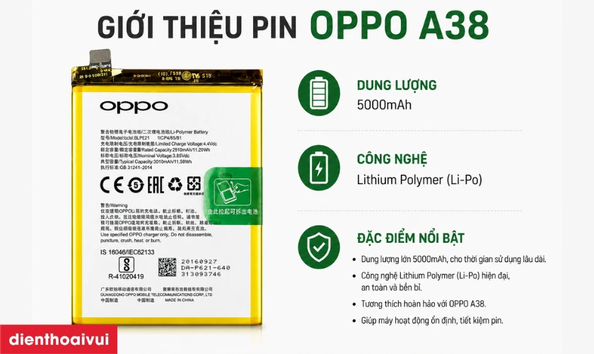 giới thiệu pin oppo a38