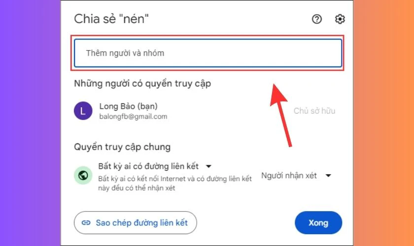 Tại mục Th&ecirc;m người v&agrave; nh&oacute;m, bạn nhập Gmail