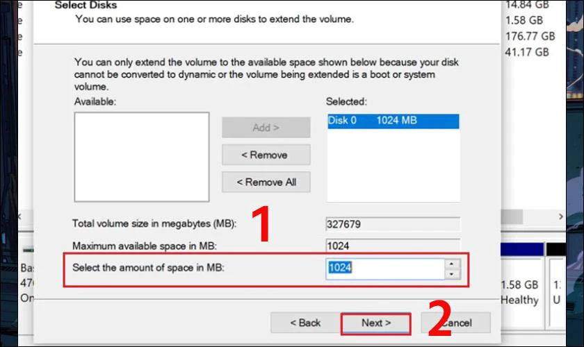 Cách gộp ổ cứng bằng Minitool Partition Wizard 25 Sau đó bạn chọn dung lượng cần gộp vào ô như hình và nhấn Next